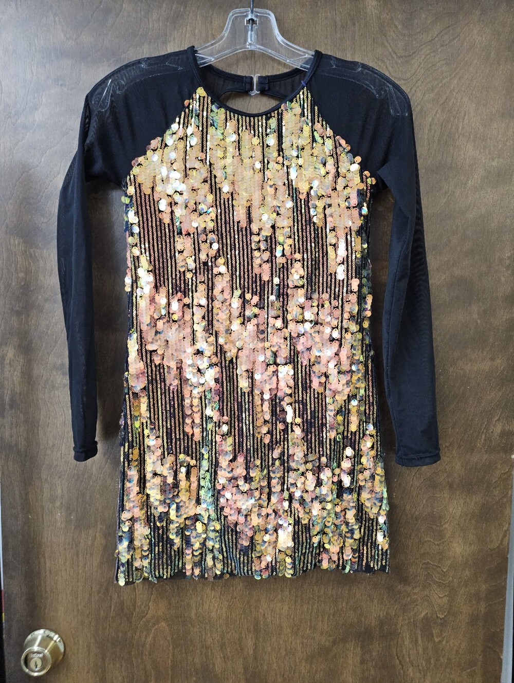 Weissman 14452 Black LS Iridescent multi sequin mesh shift dress Biketard SZ XLC
